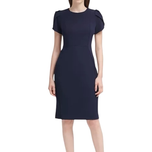 CALVIN KLEIN Navy Blue Scuba Suede Sheath Dress with Back Zipper Size 10 NWT - Picture 1 of 15
